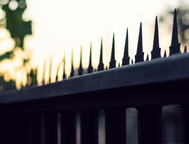 A silhouette of bird spikes on fences at sunrise.